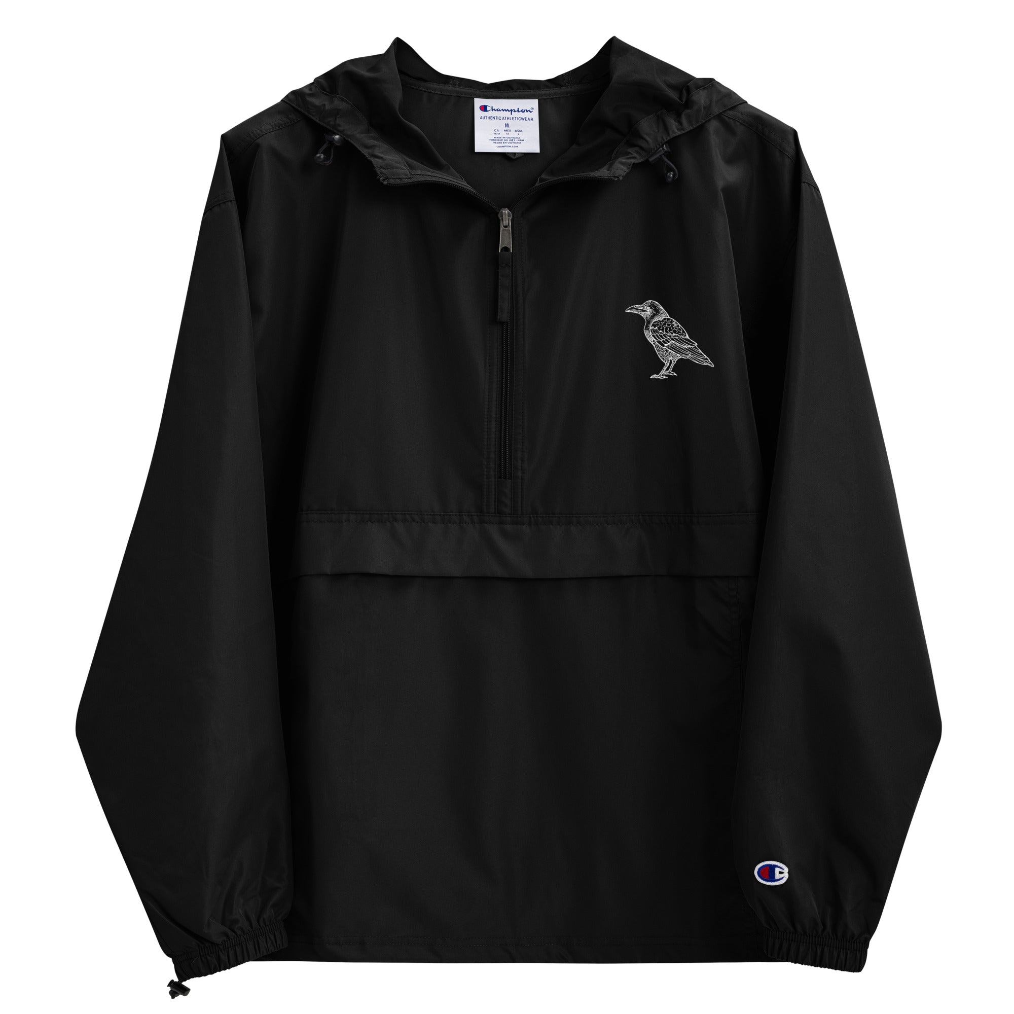 Black hooded jacket with half zip, raven chest motif and Champion sleeve mark
