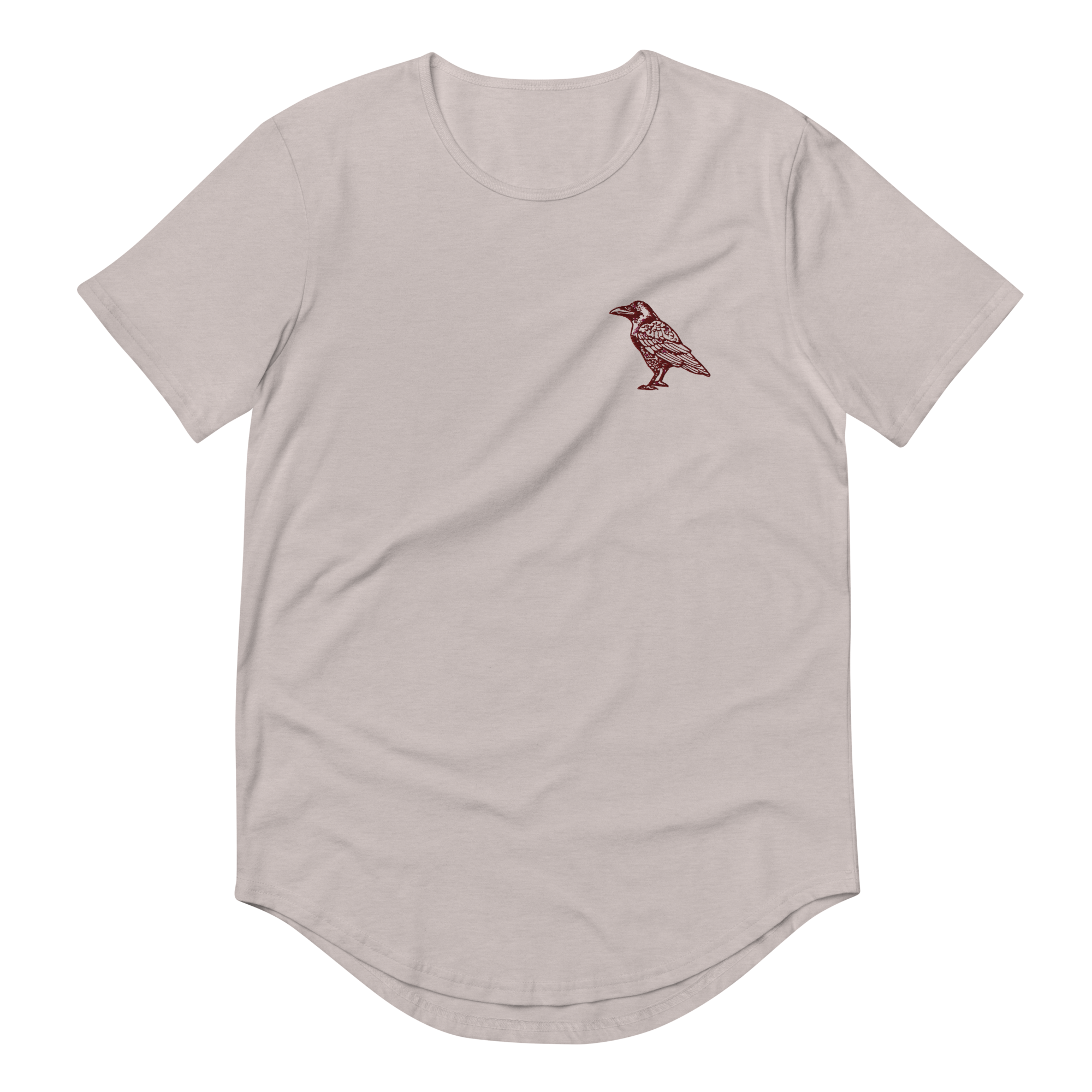 Grey short-sleeve tee with round neck, curved hem and raven chest motif